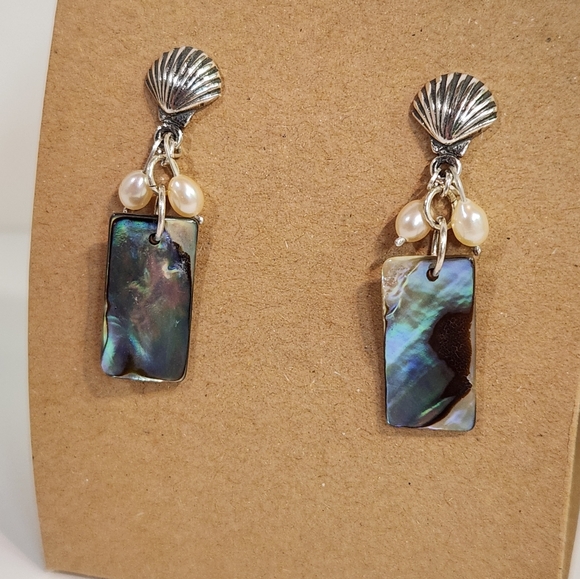 Genuine Sterling Silver Dangle Earrings With Abalone Shells & Freshwater Pearls - Picture 8 of 12